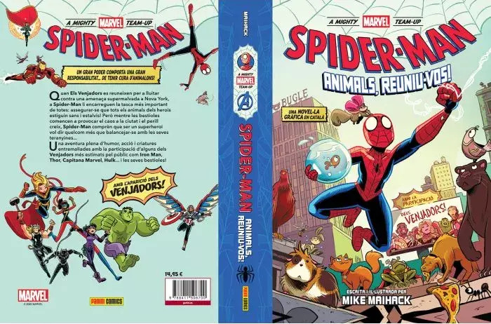 Book cover of the first Spider-Man comic translated into Catalan: 'A Mighty Marvel Team-Up. Spider-Man: Animals, Reuniu-vos!' published by Panini Comics
