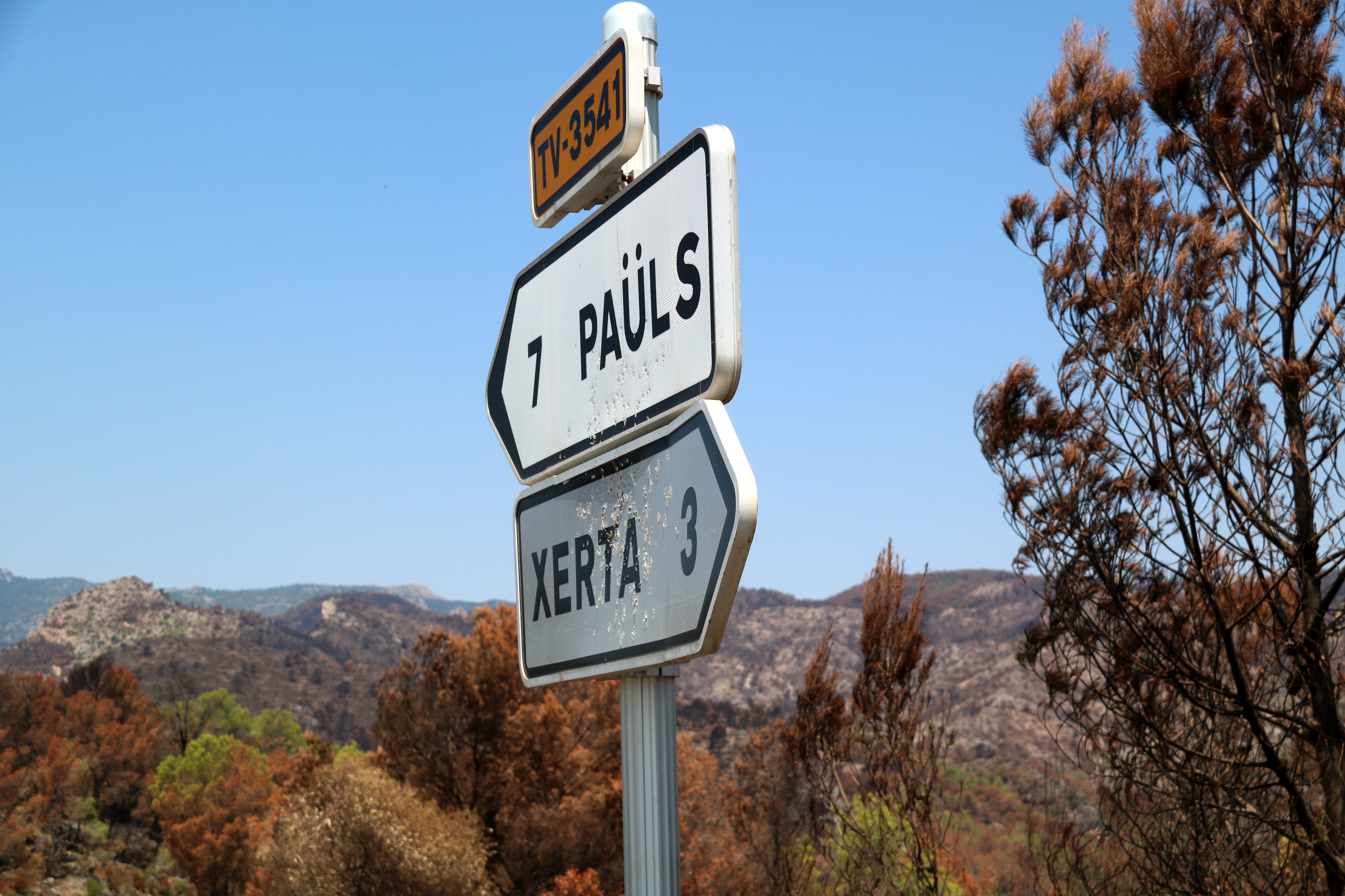 Road signs with burnt woodland in the background