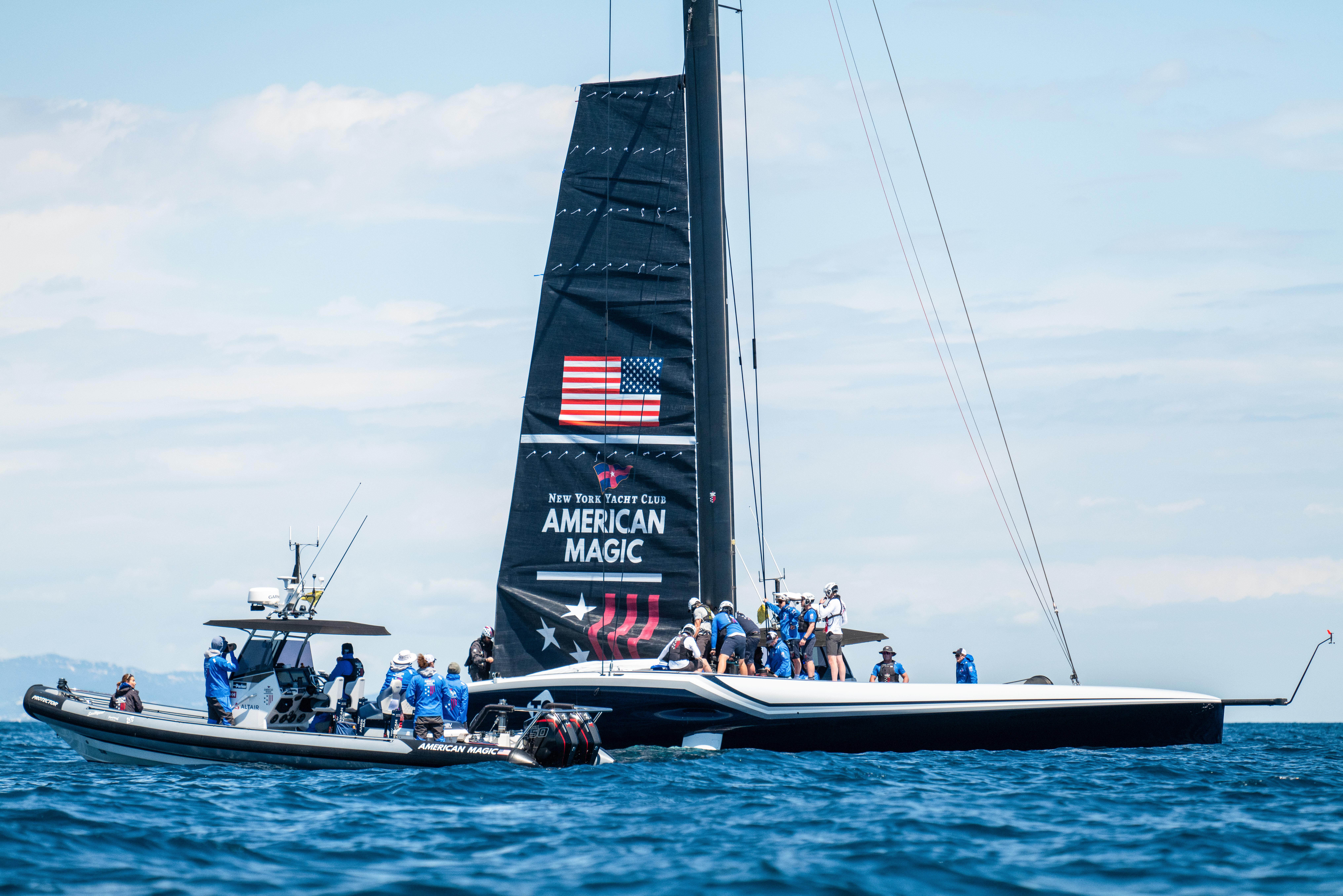 Patriot, the American Magic boat for the America's Cup competition, getting ready with one of the several chasers in Barcelona