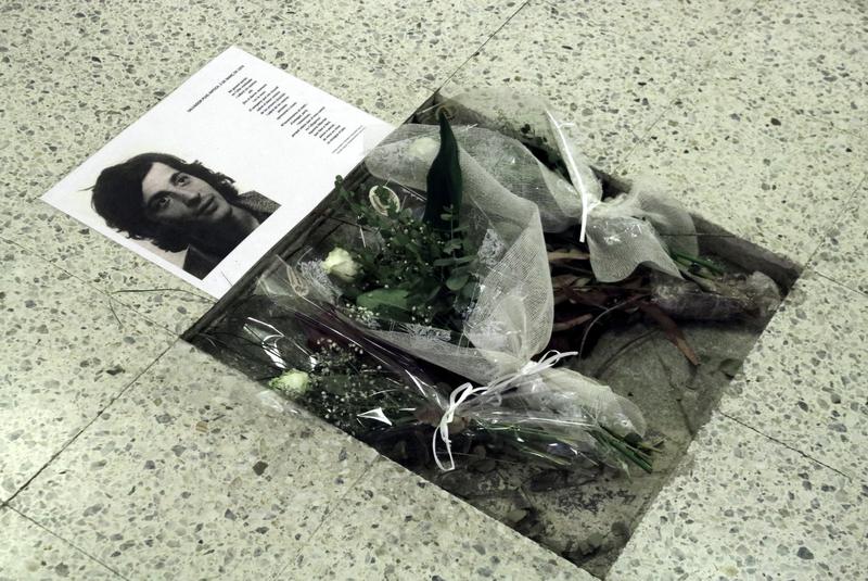Flowers on the floor of La Model prison in memory of Salvador Puig Antich 50 years on from his execution