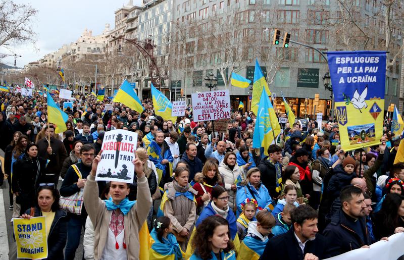 Ukrainians and people supporting the Ukrainian community demonstrate against the war in Barcelona, February 2024