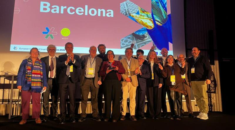 Representatives of Barcelona’s candidacy celebrate the city’s selection as the 2026 European Capital of Local Commerce