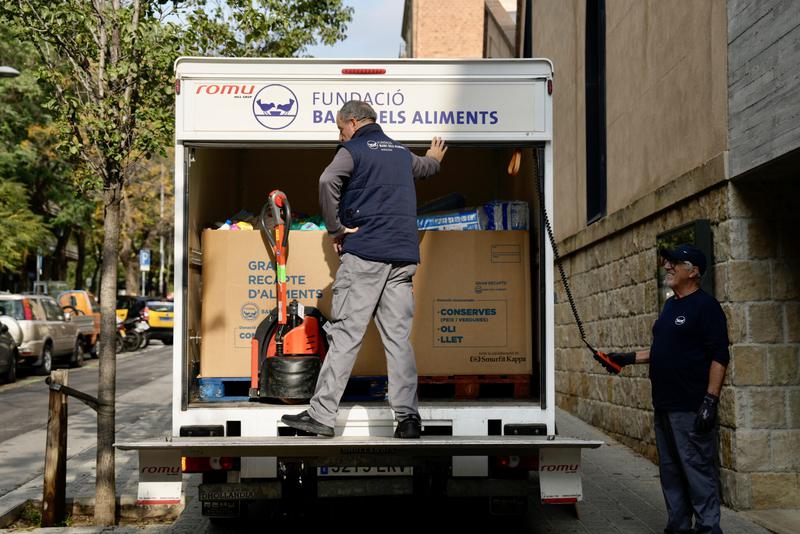 A Banc dels Aliments foundation truck carrying boxes full of basic products donated in libraries across Barcelona to help those affected by the floods in Valencia