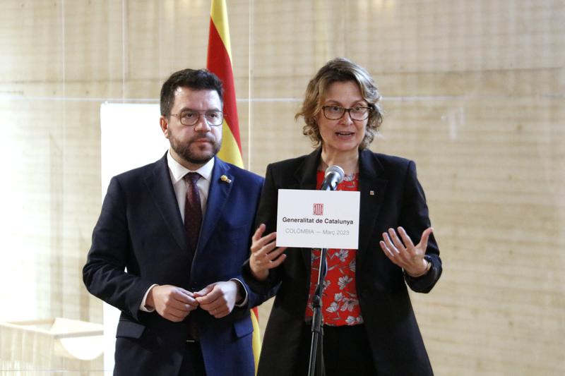 Catalonia's foreign minister Meritxell Serret speaks alongside president Pere Aragonès at a press conference in Bogotá, Colombia, in March 2023