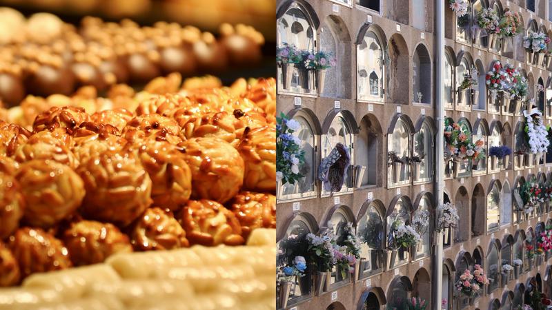 Panellets (left) and a Catalan cemetery (right)