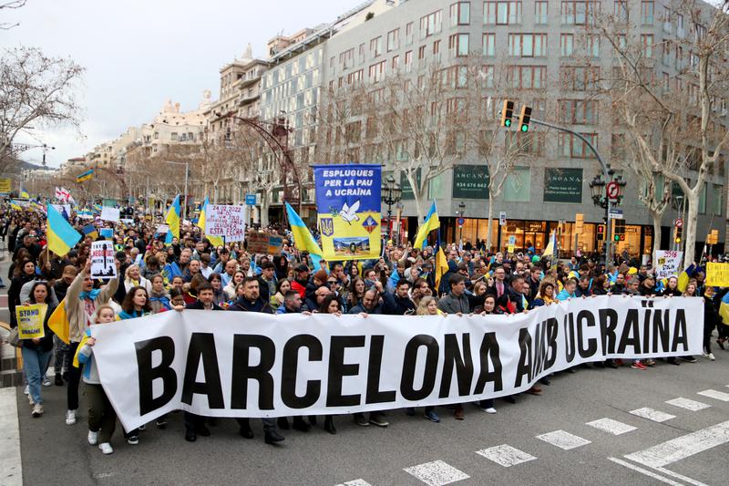 Image of the Barcelona protest in favor of Ukraine on February 24, 2024