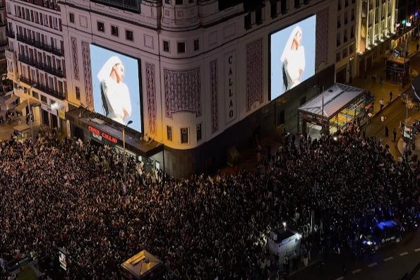 Madrid's Callao Square with thousands of Rosalia fans during the presentation of her latest album, Lux, on October 20, 2025