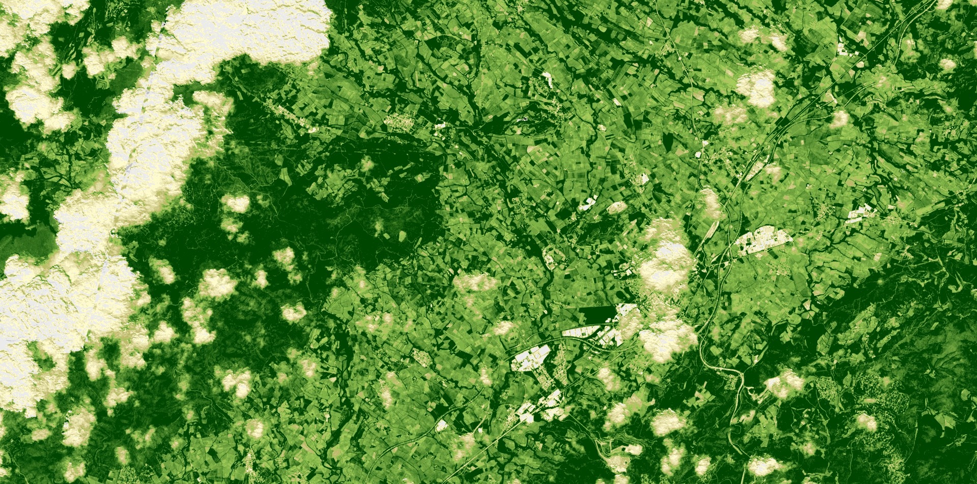 L'Alt Penedès, el 13 de maig del 2025, en una imatge de satèl·lit NDVI, que mostra a més color verd, més estat saludable de la vegetació