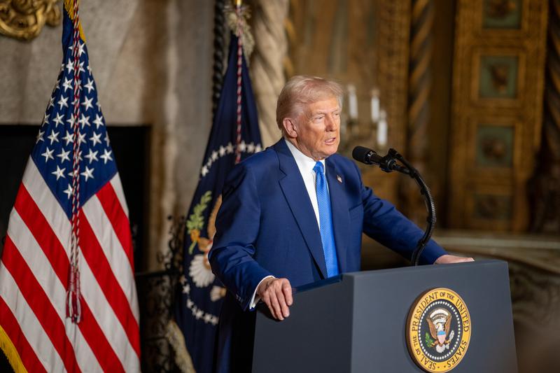 US President Donald J. Trump during a speech in Mar-a-Lago in Palm Beach, Florida