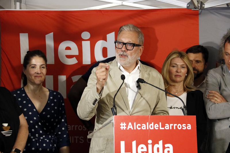 Fèlix Larrosa, the Socialist candidate in the western city of Lleida during his speech on May 28, 2023