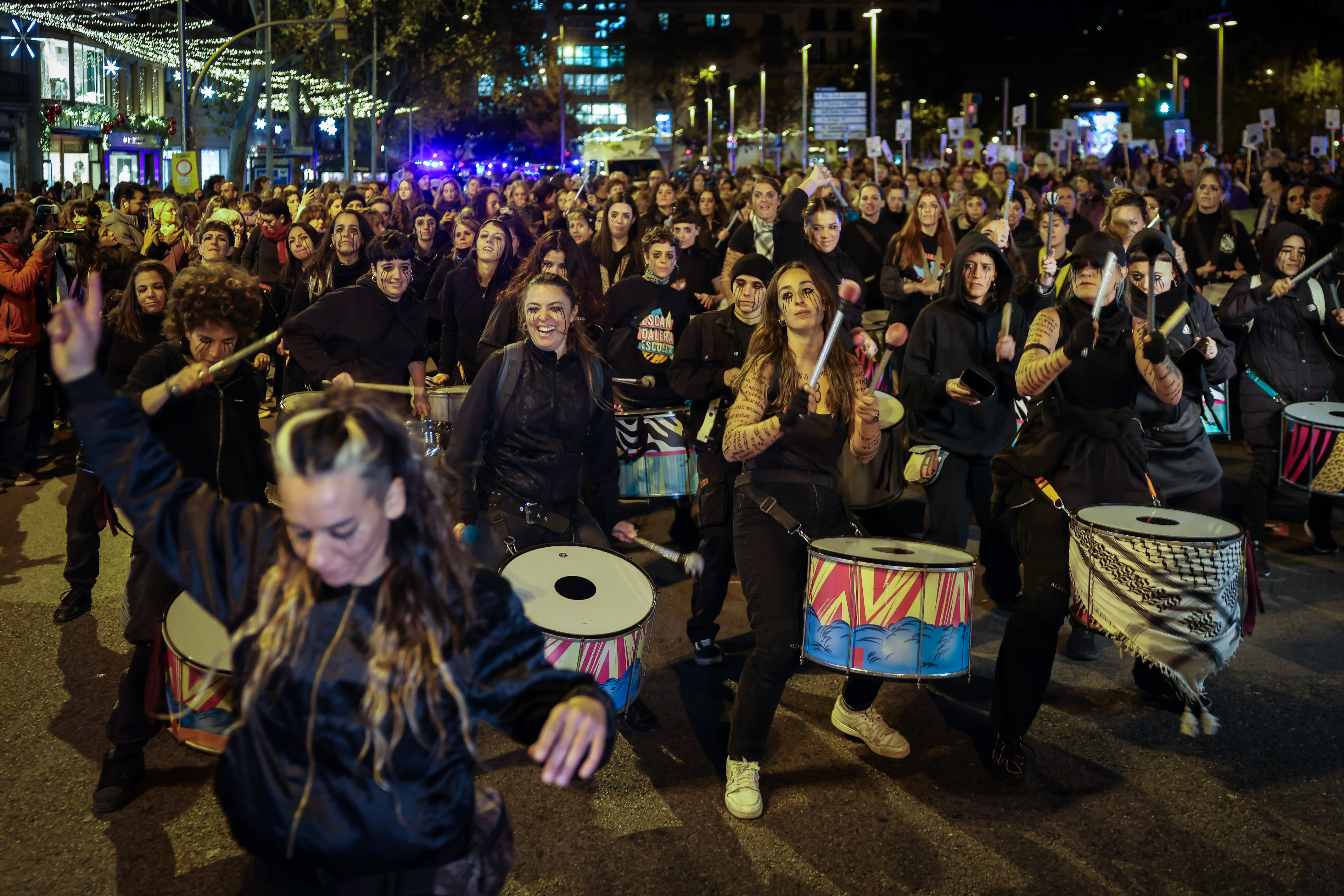 Troupes of drummers at the march in Barcelona on November 25 for International Day for the Elimination of Violence against Women