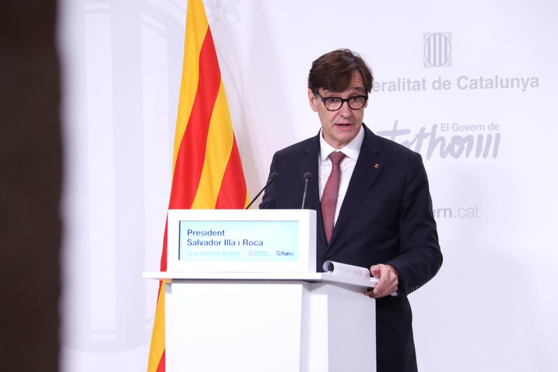 Catalan president Salvador Illa during a press conference held after a cabinet meeting on December 23, 2024 in Barcelona