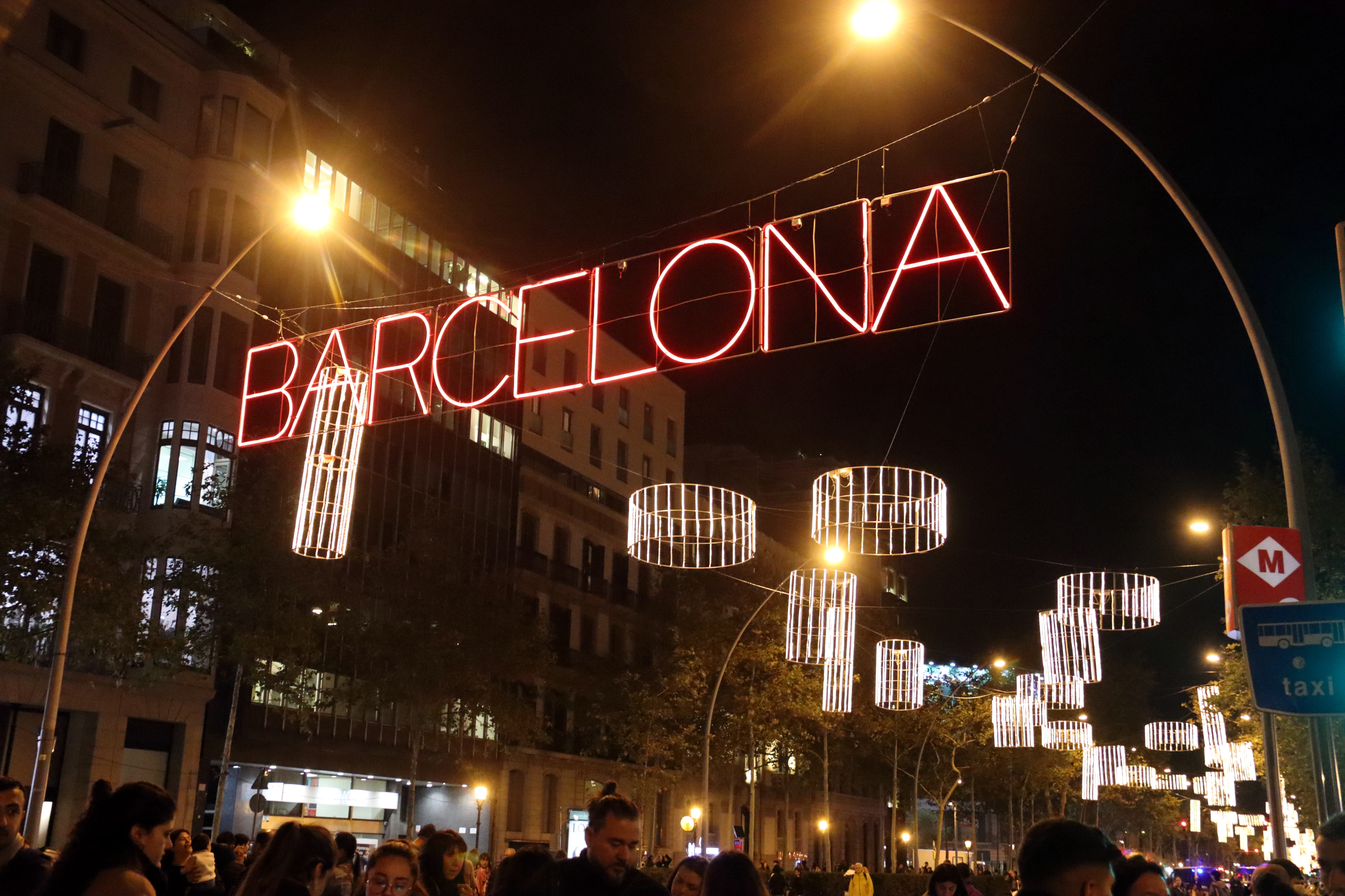 Christmas lights spell out Barcelona on Gran Via de les Corts Catalanes