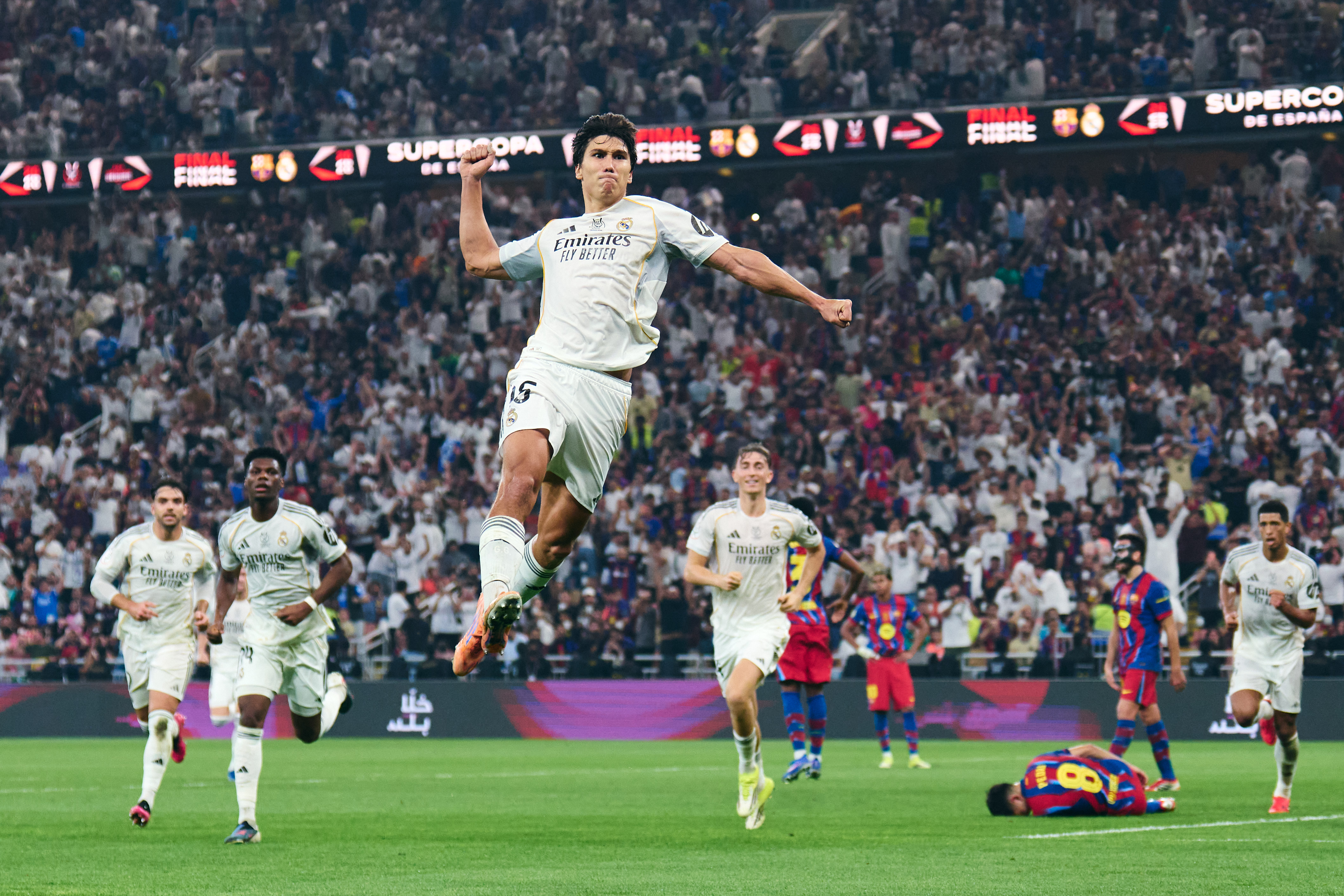 Gonzalo scores for Real Madrid CF during the 2026 Super Cup final between FC Barcelona and Real Madrid CF at King Abdullah Sports City Stadium in Jeddah, Saudi Arabia