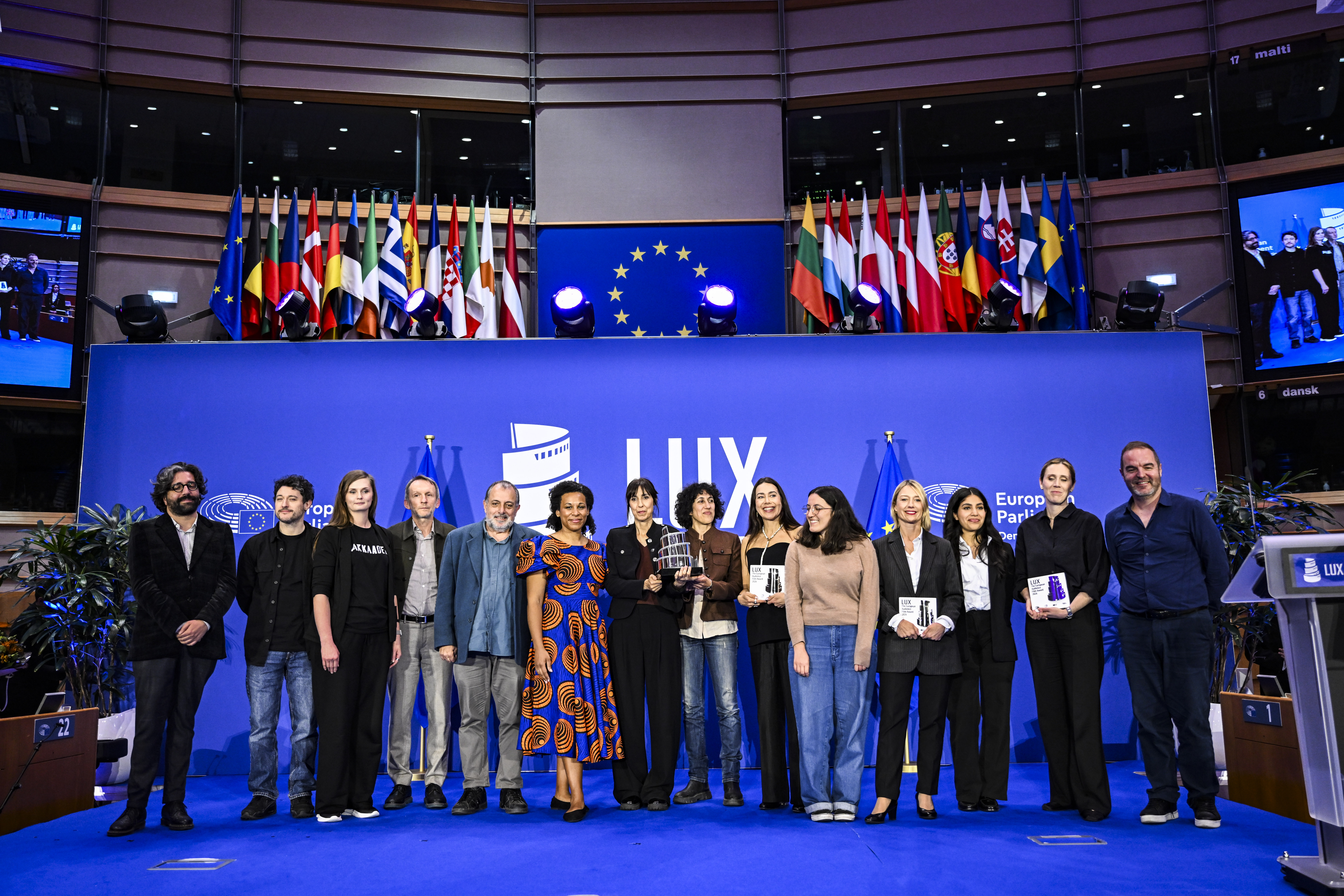 Photo of the nominees and winners of the LUX Prize for the Public in European Cinema after the ceremony held at the European Parliament