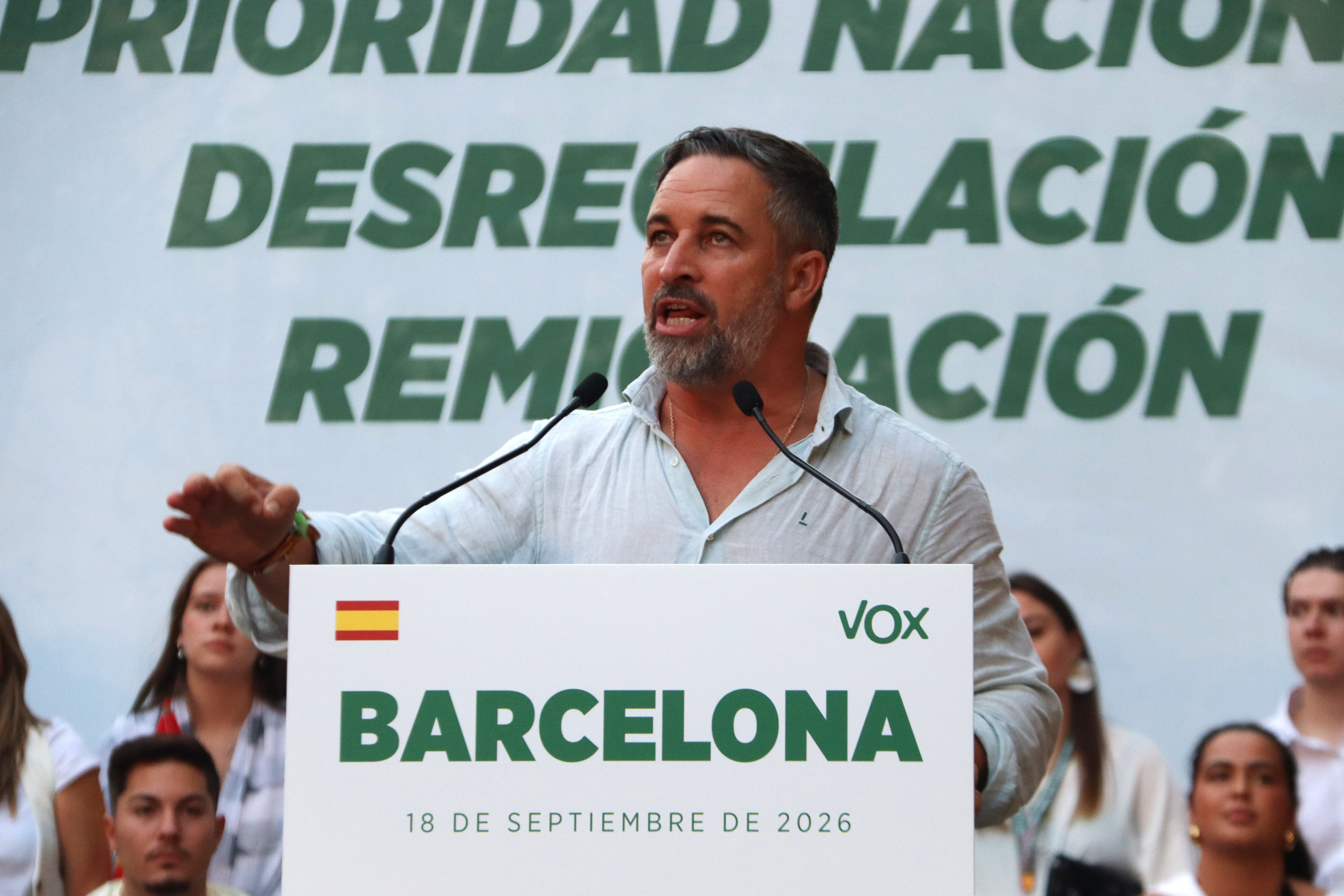 Vox leader Santiago Abascal speaks during a far-right party's event in Barcelona