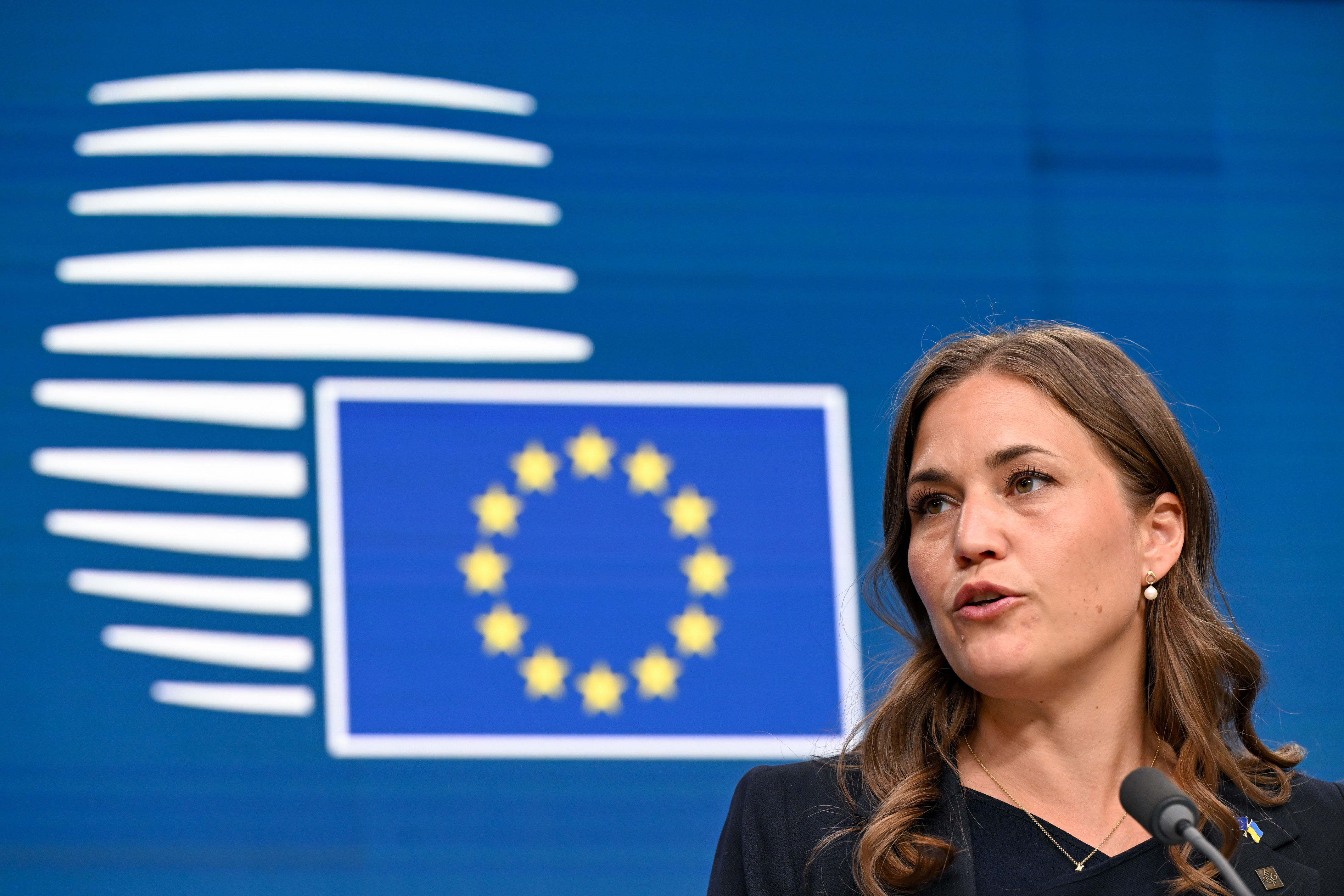 Marie Bjerre, Danish Minister for European Affairs, during a press conference in Brussels on July 18, 2025