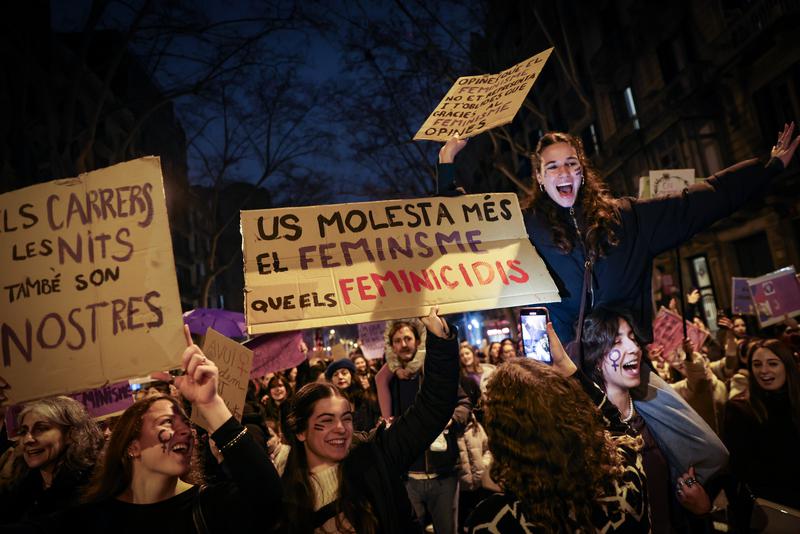 A poster at an International Women's Day protest in Barcelona reading 'Feminism bothers you more than femicides do'