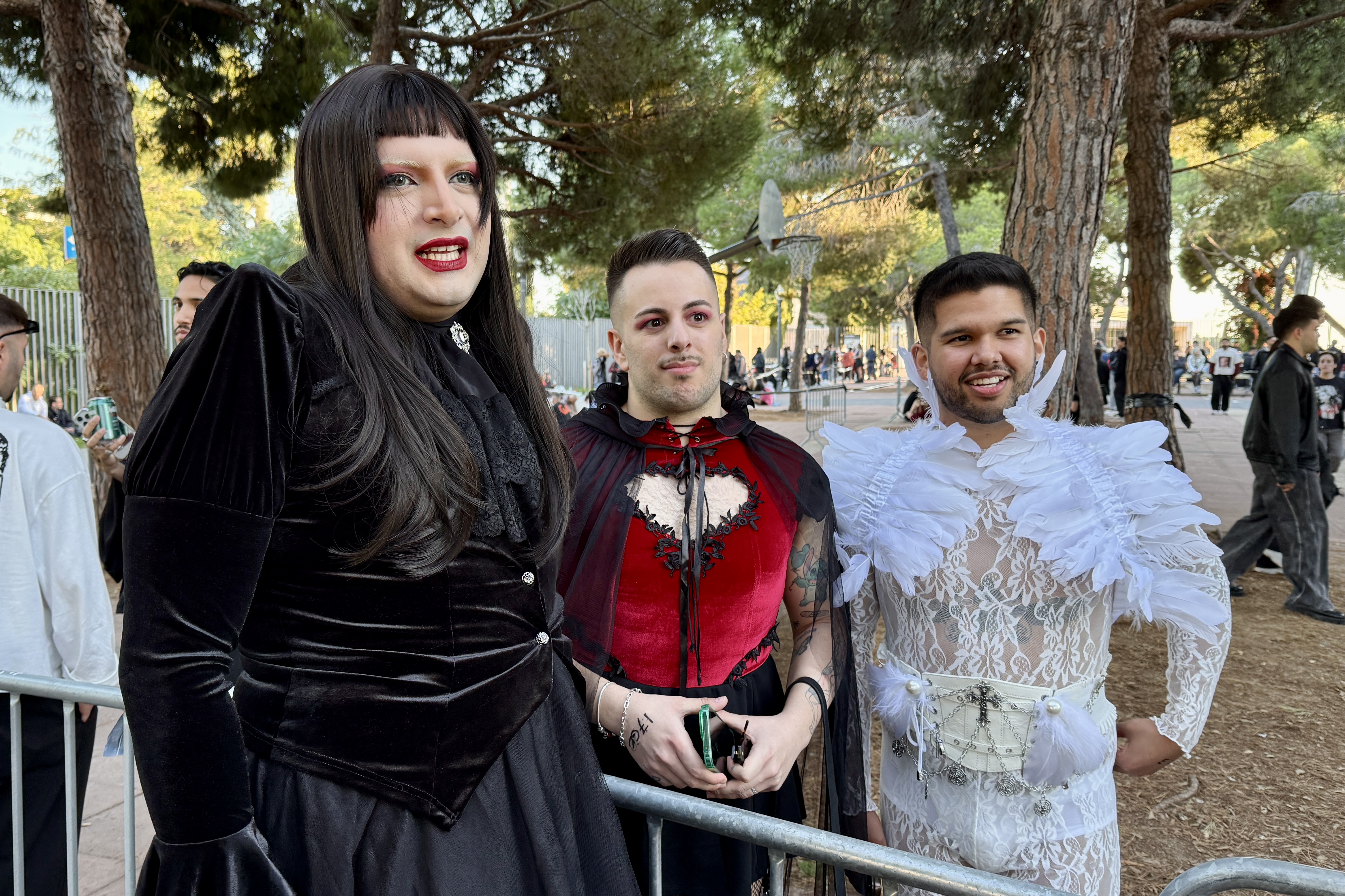 Three fans of Lady Gaga dressed up in different Gaga styles for her concert in Barcelona, as part of her The Mayhem Ball tour on October 28, 2025