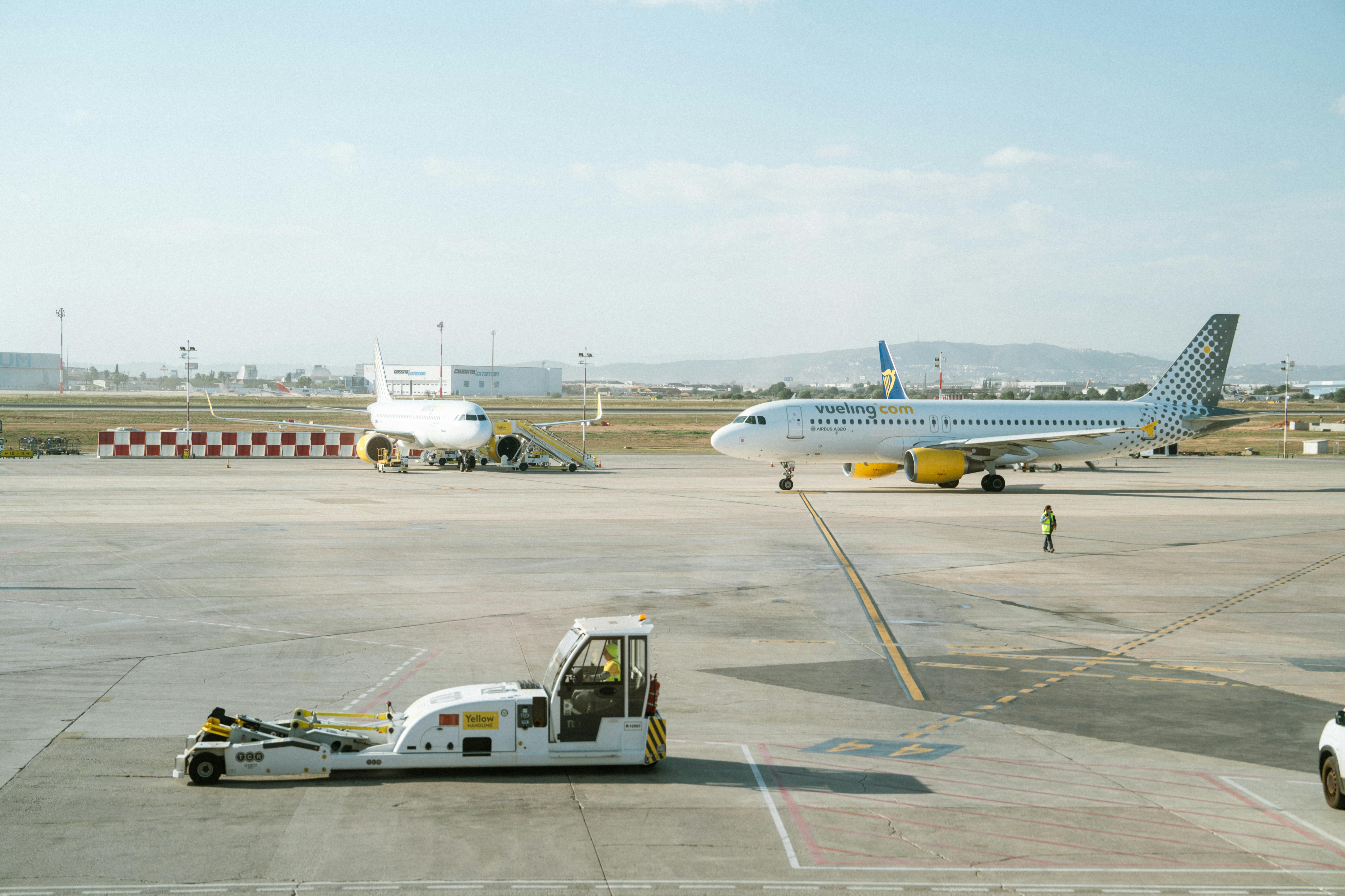 The Barcelona airport with Vueling and Ryanair planes