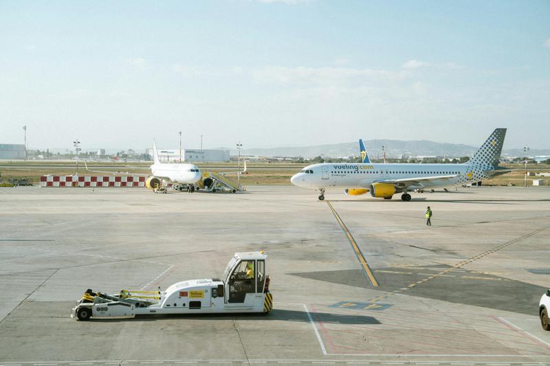 The Barcelona airport with Vueling and Ryanair planes