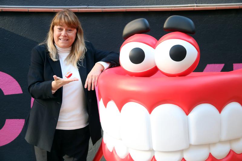 Catalan culture minister Natàlia Garriga with a figure of Queta, the Catalan language promoting mascot on March 14, 2023