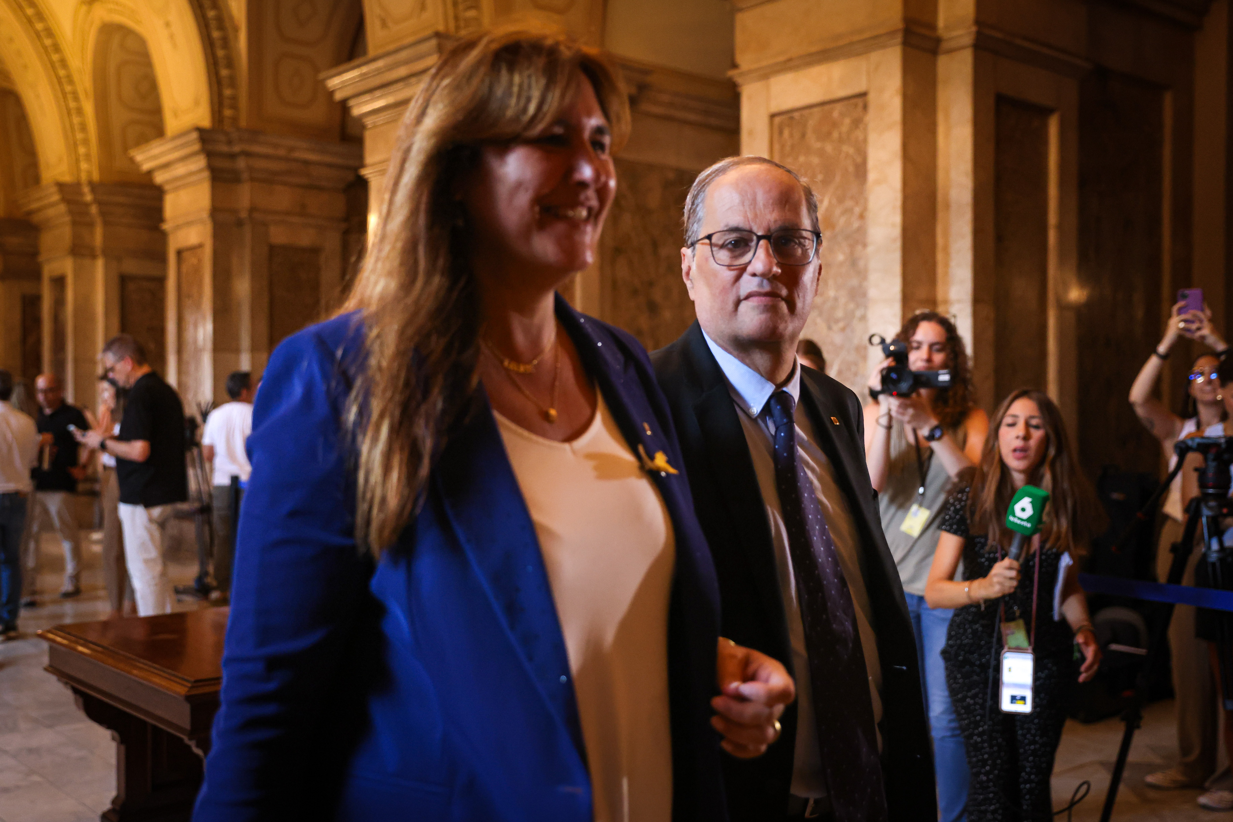 Former Catalan president Quim Torra and former parliament speaker Laura Borràs ahead of the Catalan presidential bid debate on August 8, 2024