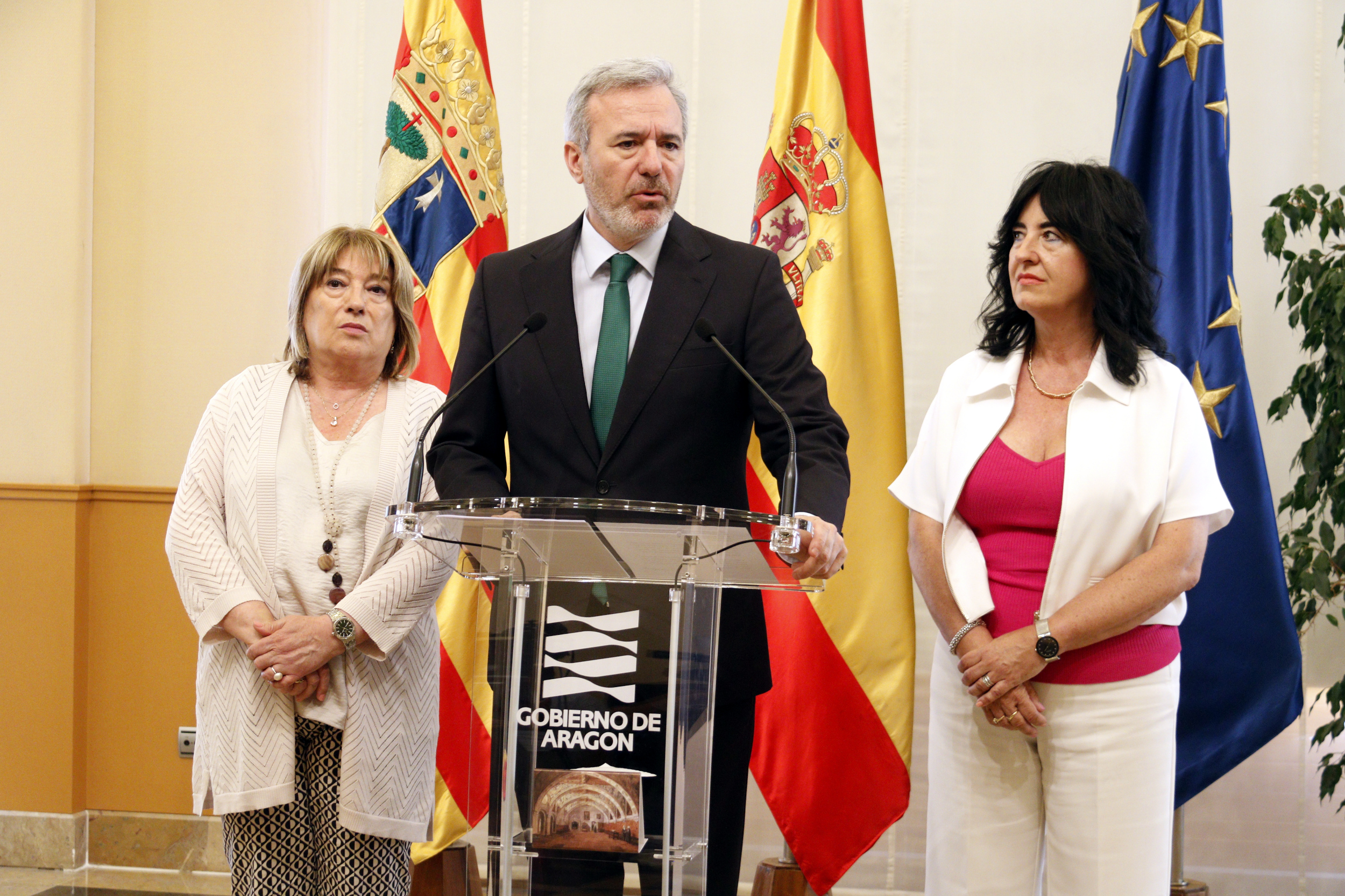 El president de l'Aragó, Jorge Azcón, durant la compareixença a Saragossa per valorar la sentència del Suprem sobre els murals de Sixena.