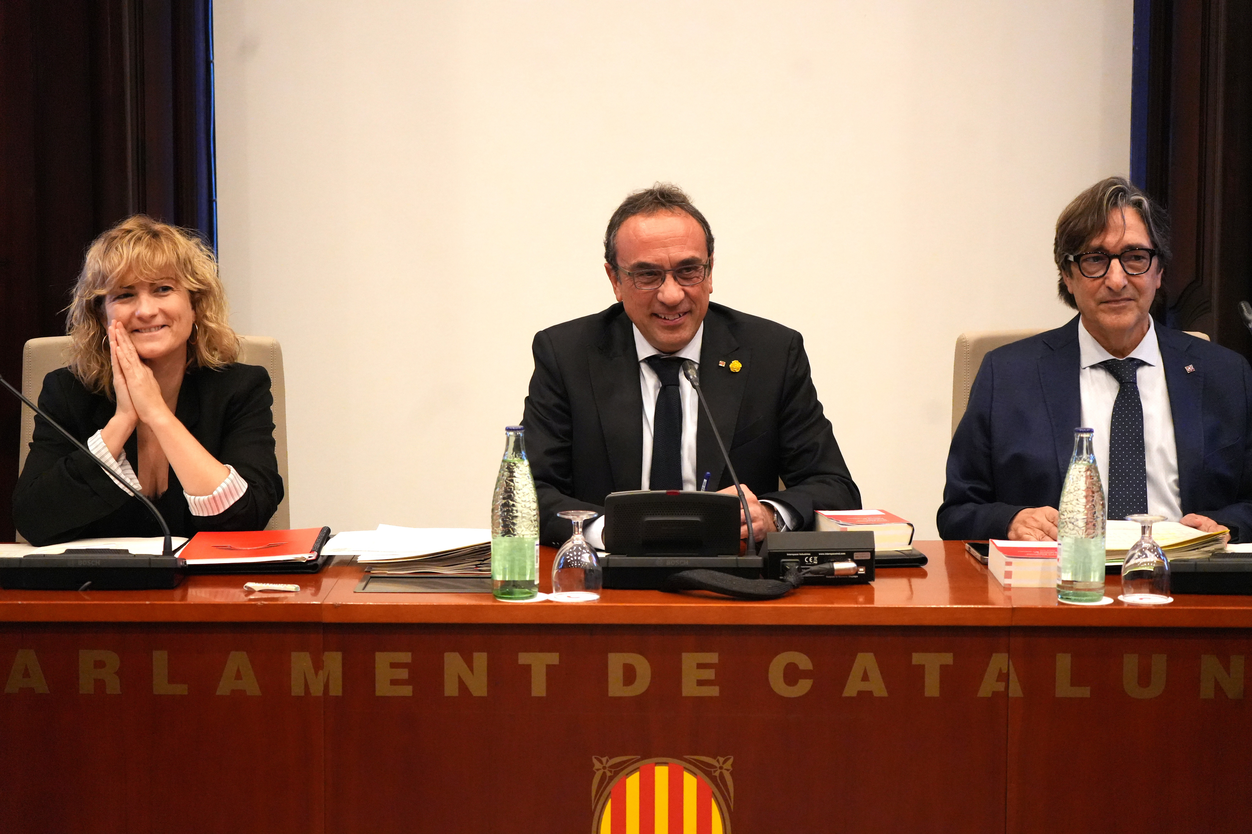 Parliament Speaker Josep Rull and deputy speakers Raquel Sans and David Pérez before Tuesday's meeting