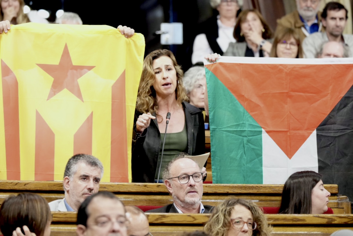 Catalan pro-independence far-left CUP leader Laia Estrada during a speech in the Catalan parliament on May 21, 2025
