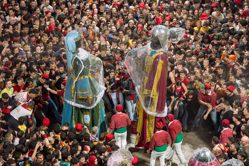 Two giants covered with plastic to protect them from the rain 