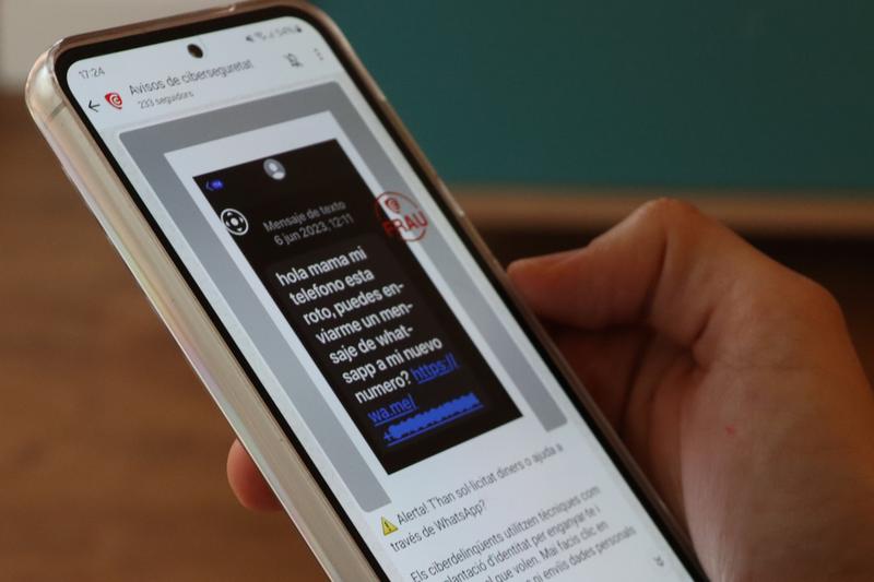 A phone displaying the WhatsApp channel of the Catalan Cybersecurity Agency, which informs citizens about the latest cyber-scams