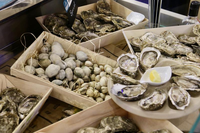 Oysters and other crustaceans at a French booth at the Seafood Expo.
