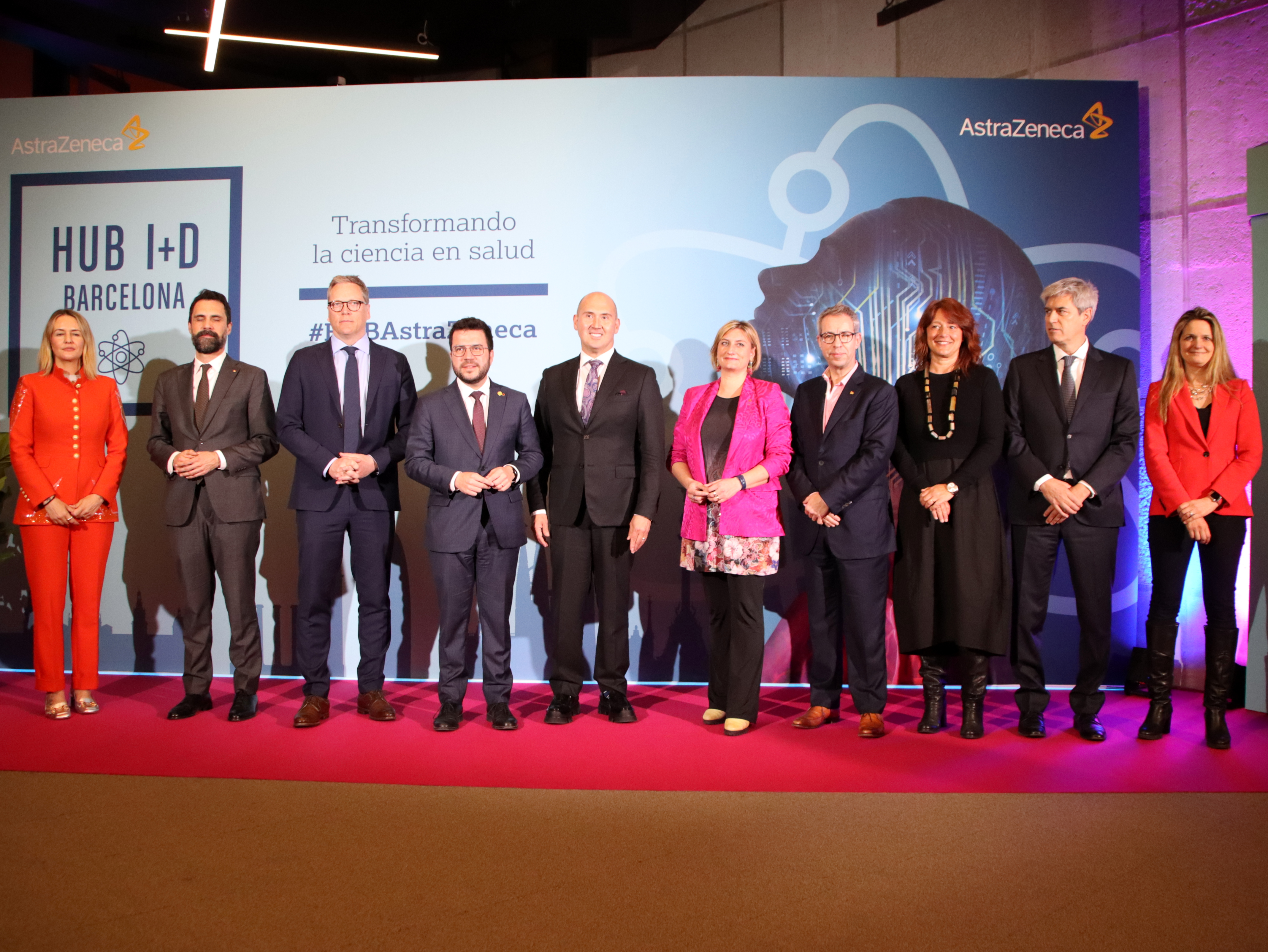 Representatives of pharmaceutical company AstraZeneca and Catalan authorities during a group photo in Barcelona on March 22, 2023