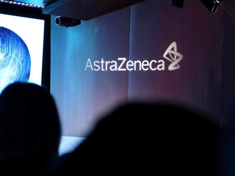 AstraZeneca's logo during a press announcement in the Torre Glòries in Barcelona on March 22, 2023