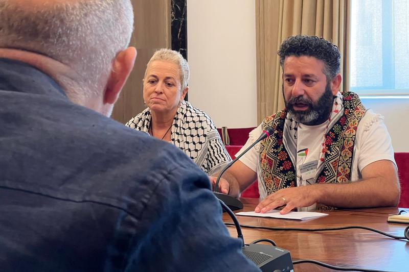 The coordinator of the Global Sumud Flotilla, Saif Abukeshek, meets Spanish MPs in Congress