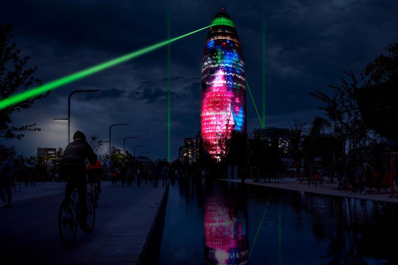 Render of the art installation 'Laser Faces' by Antoni Arola for the 15th edition of the Llum BCN light festival