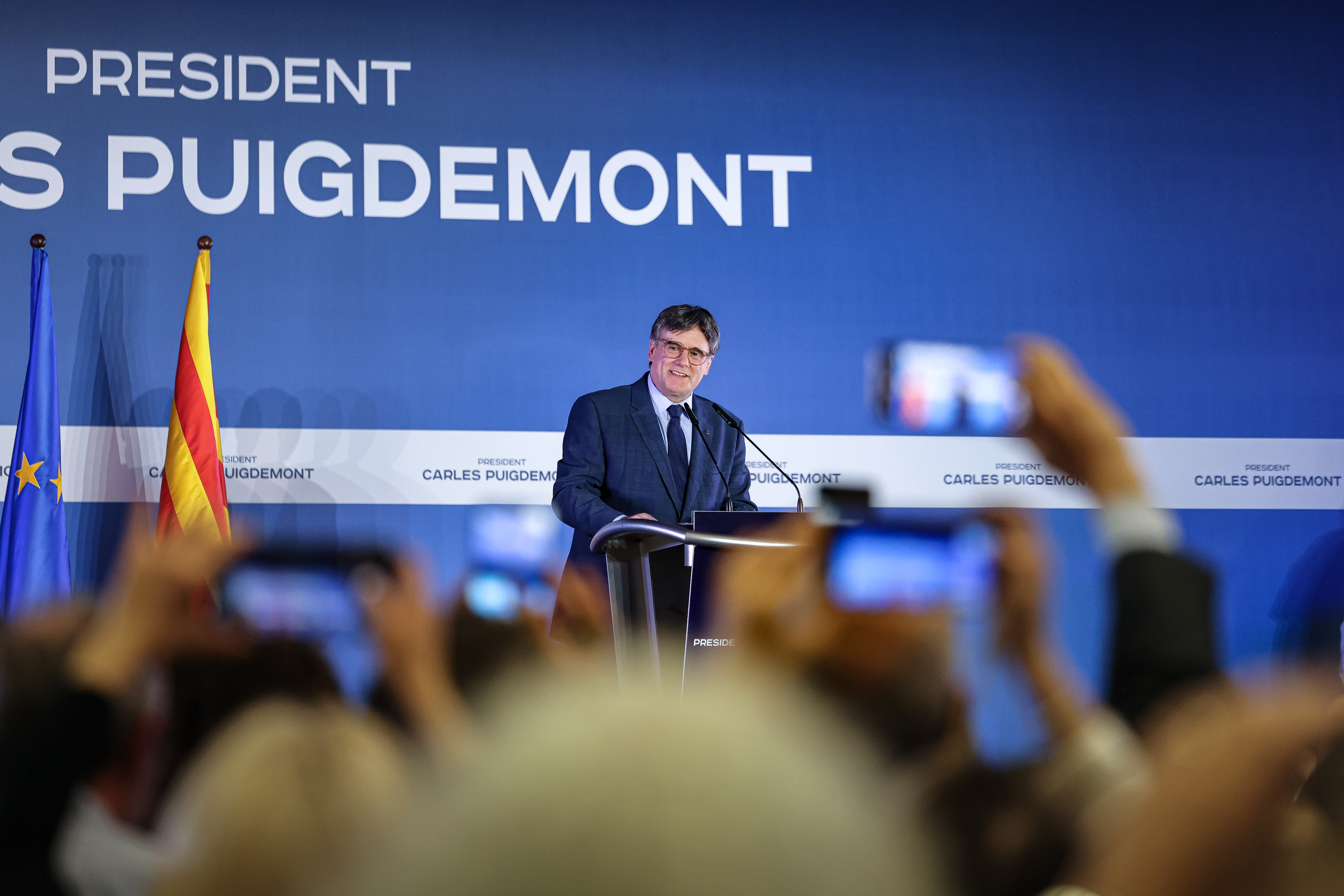 Carles Puigdemont speaks during the press conference to announce his candidacy in the 2024 Catalan election