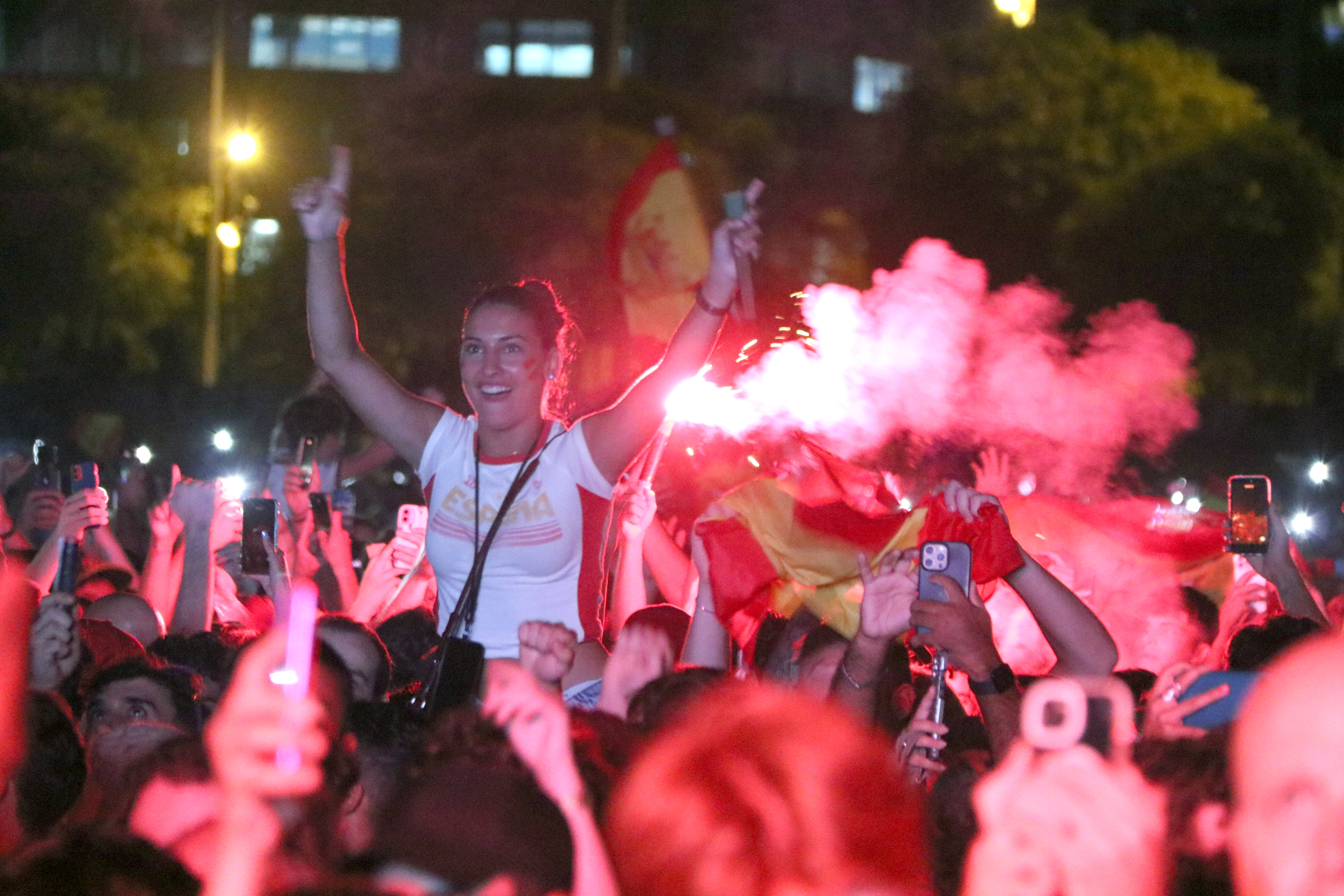 Spanish national team fans celebrate Spanish victory in the men's World Cup final in Barcelona