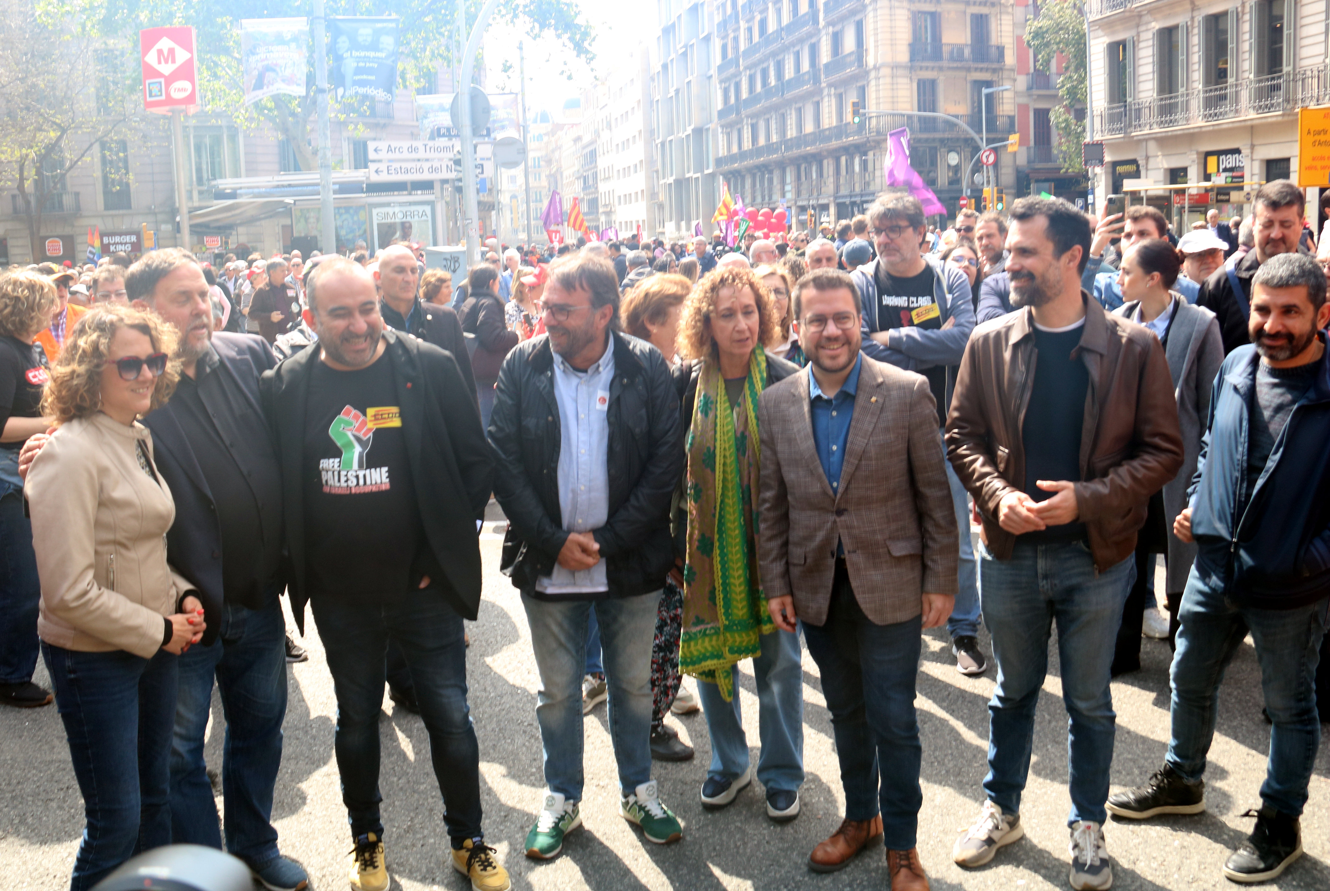 Catalan president Pere Aragonès with union leaders and other pro-independence Esquerra politicians at the International Workers' Day protest in Barcelona on May 1, 2024.