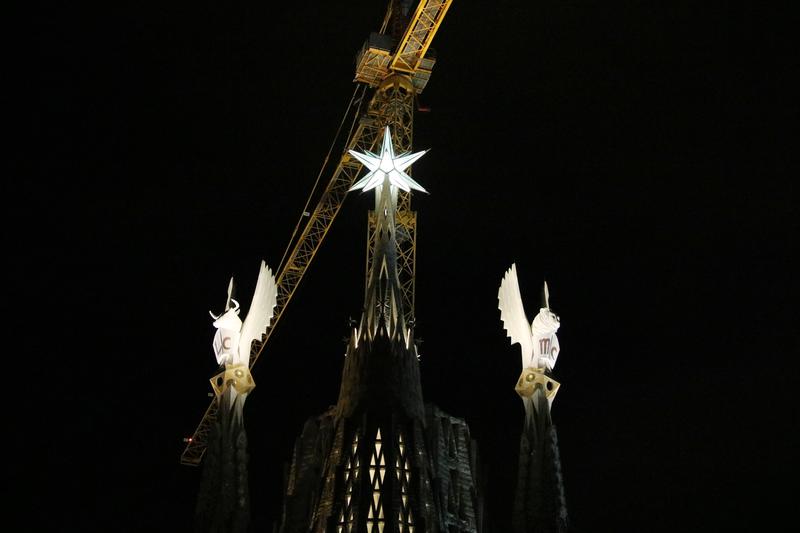 Newly completed towers of the Sagrada Família are lit up for the first time, December 16, 2022