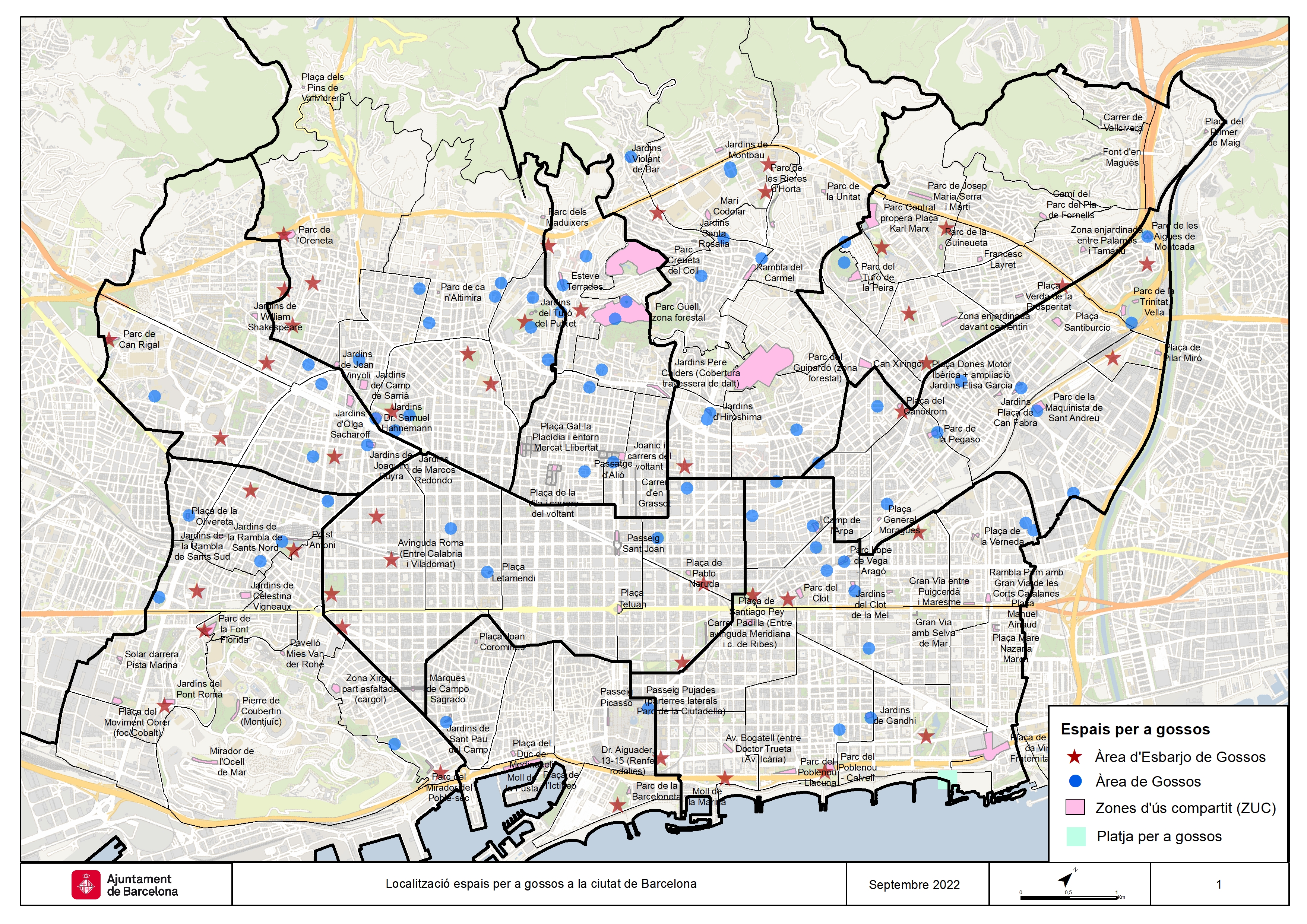 Map with Barcelona's areas where dogs are allowed to be unleased