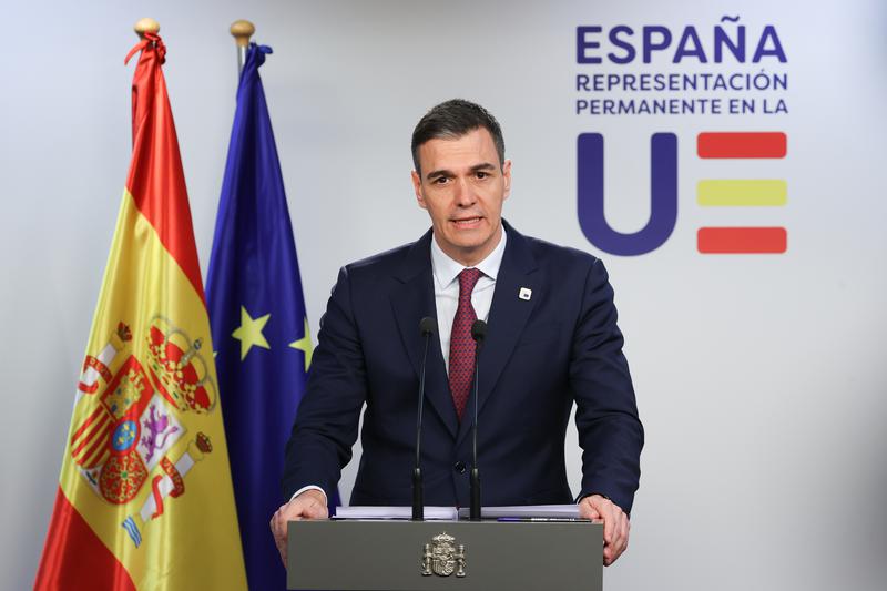 Spanish PM Pedro Sánchez at a press conference in Brussels