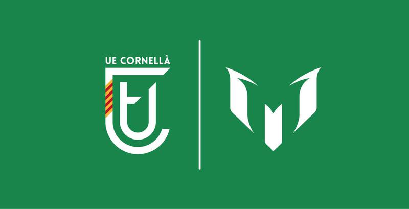 Image of UE Cornellà's crest alongside Lionel Messi's brand logo
