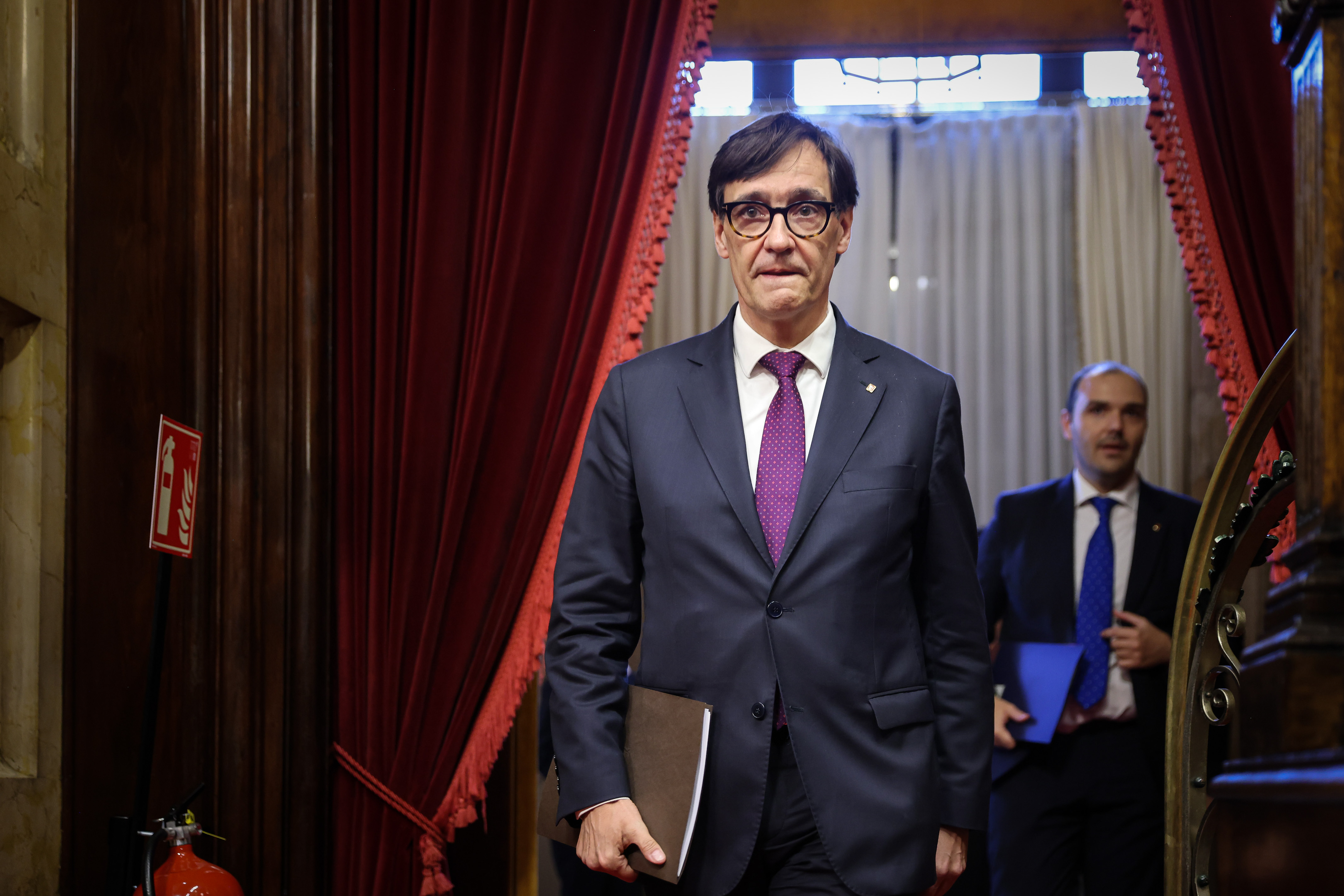 President Salvador Illa enters the Catalan Parliament ahead of the 2024 General Policy Debate on October 8, 2024