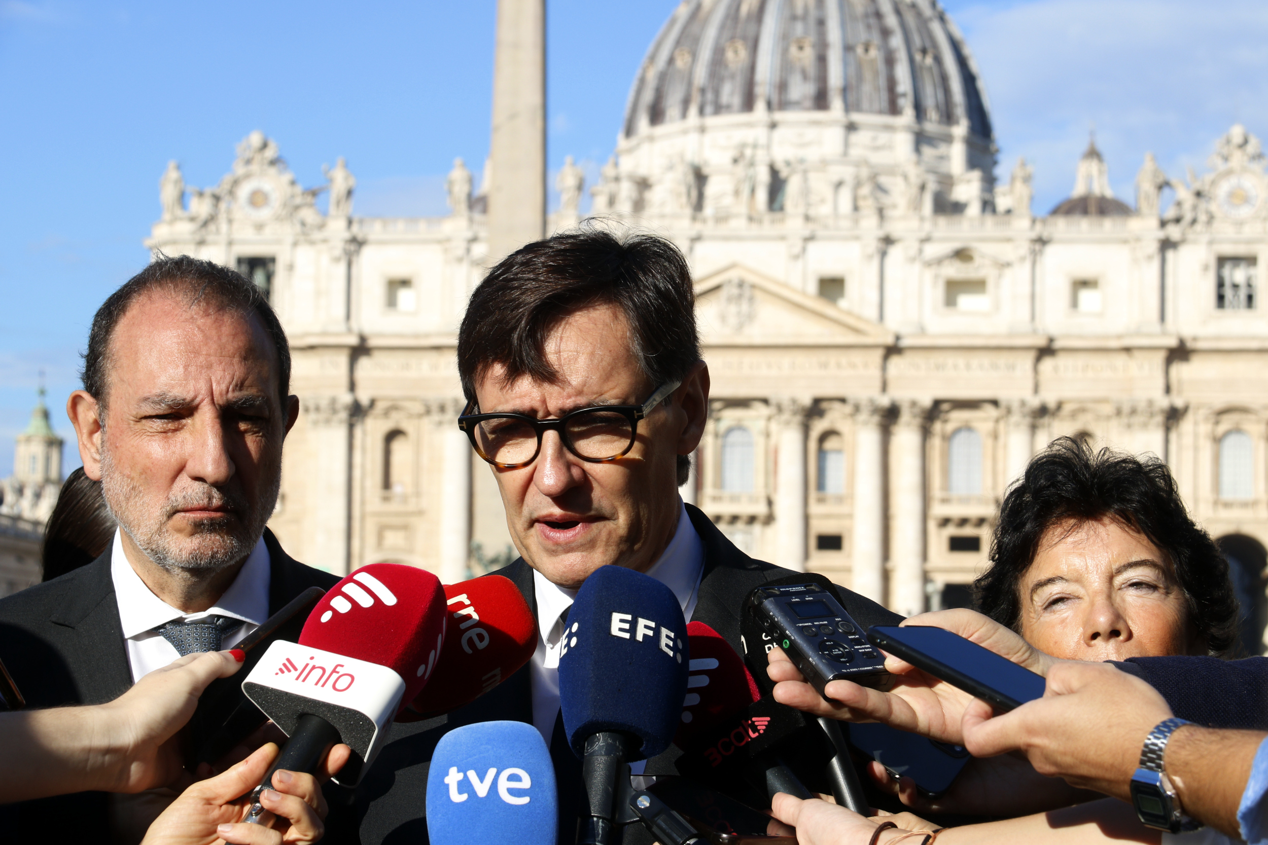 President Salvador Illa addresses media in St Peter's Square after meeting Pope Leo XIV