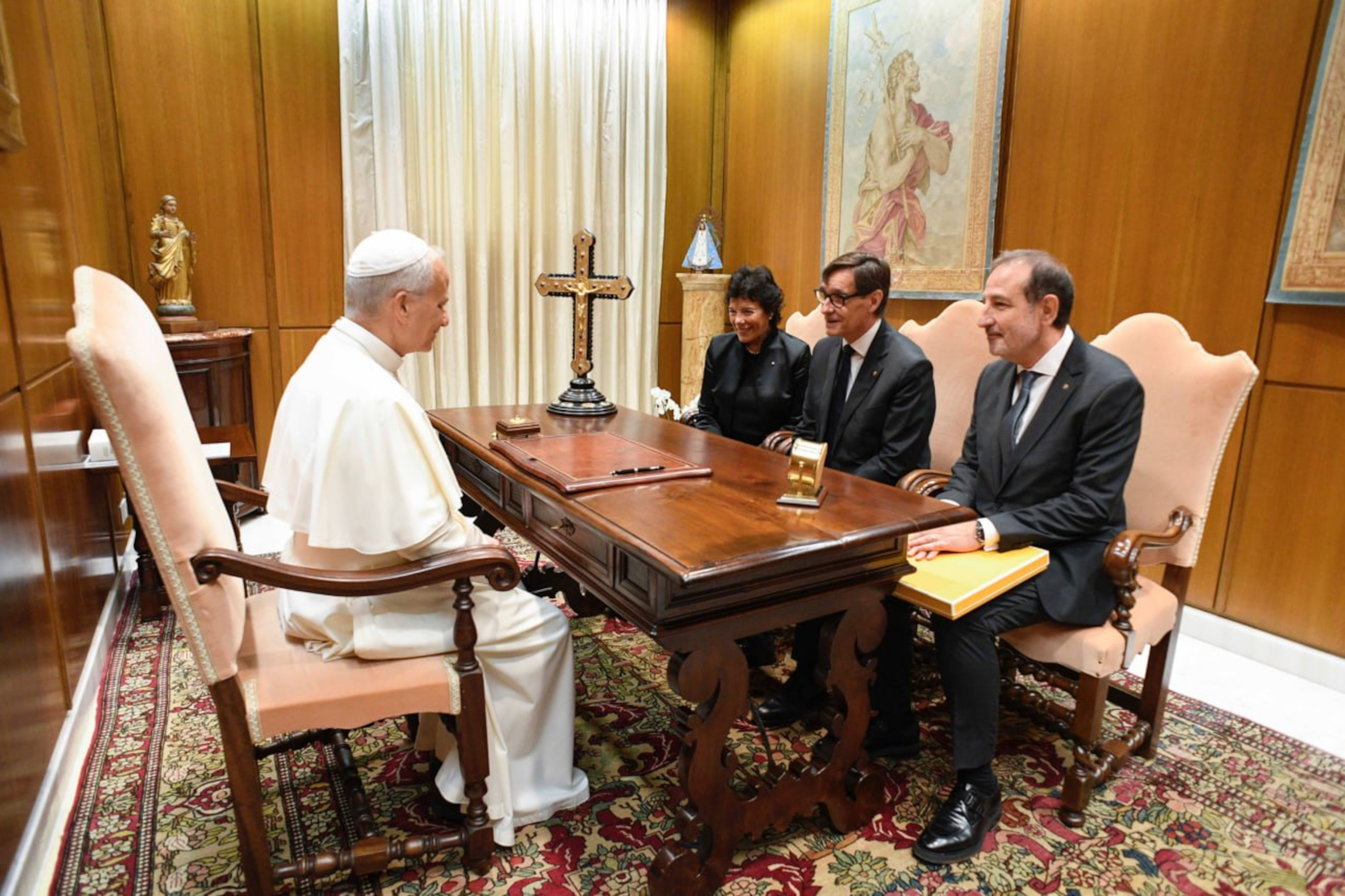 President Salvador Illa meets with Pope Leo XIV at the Vatican, accompanied by minister Ramon Espadaler and Spain's ambassador to the Holy See, María Isabel Celaá
