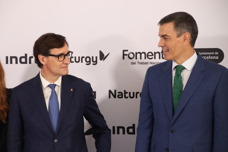 Catalan president Salvador Illa and Spanish PM Pedro Sánchez during an event in Barcelona on October 14, 2024