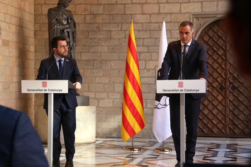 Catalan president Pere Aragonès during a press conference with Corsican executive council president Gilles Simeoni on September 23, 2022