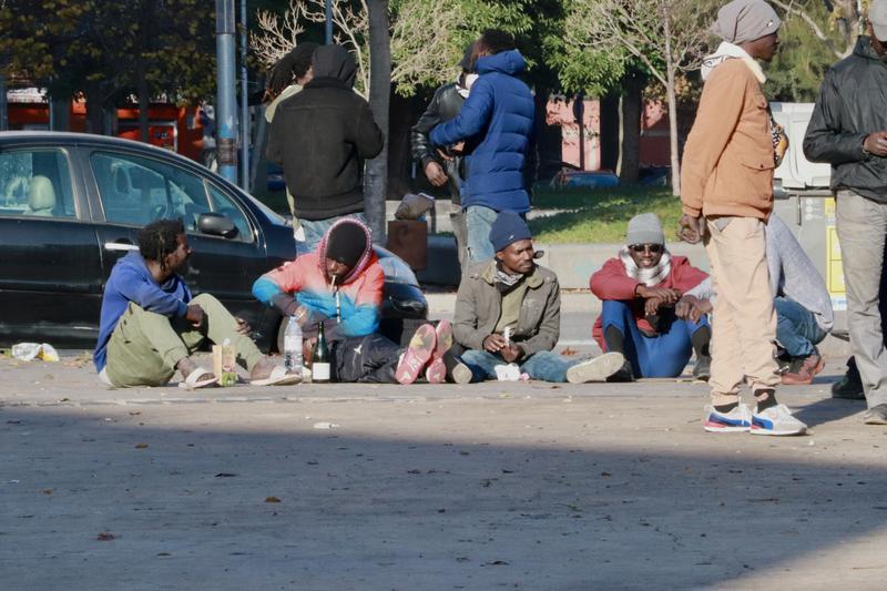 People displaced from Badalona's informal B9 settlement set up a camp outside the former school following their eviction